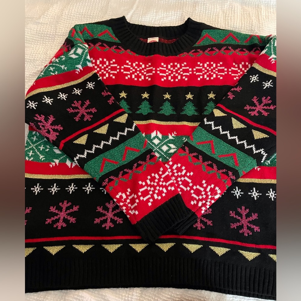 Holiday Time Sz XL Fair Isle Pullover Sweater Red Green Black Christmas Glitter